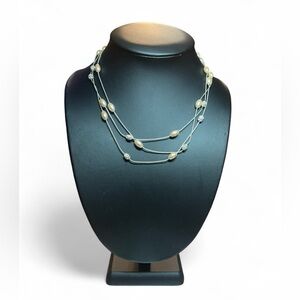 Vintage Money Faux Pearl and Crystal Multi Layer Neckace Signed 14" + 2" Extende